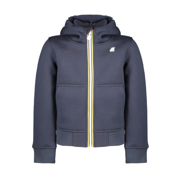 Giacca sportiva K-Way bambino blu in tessuto tecnico, con cappuccio, zip frontale, tasche centrali e dettagli a contrasto