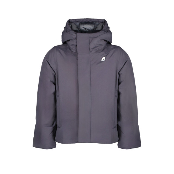 Giubbotto K-Way bambino blu con cappuccio, interno marmotta, tasche esterne, chiusura zip e logo applicato