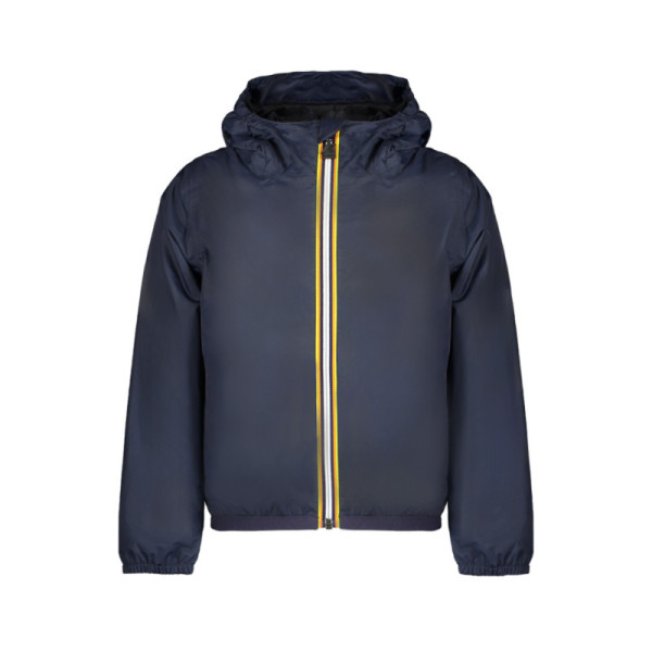 Giacca sportiva K-Way bambino blu con cappuccio, impermeabile, tasche laterali e zip, stile tecnico comodo e resistente