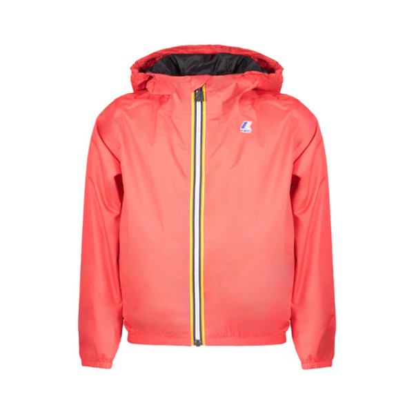 K-Way giacca sportiva bambino rossa impermeabile con cappuccio, zip, dettagli a contrasto e logo applicato – antivento e leggera