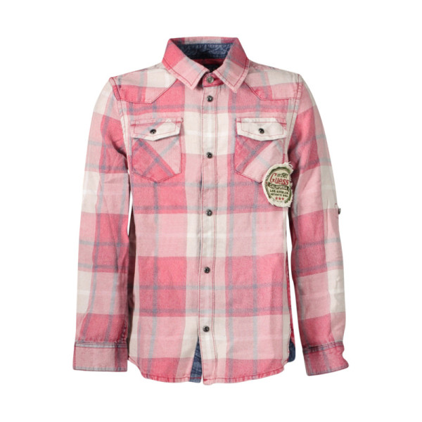 Camicia Guess Jeans Bambino Rosso Scozzese Maniche Lunghe - Camicia Collo Italiano - Shirt con Taschini e Logo