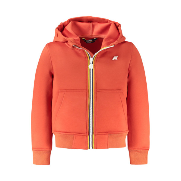 K-Way giacca sportiva bambino arancione con cappuccio, tasche centrali, zip e dettagli a contrasto – leggera e versatile