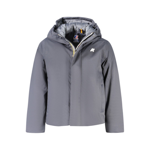 Giubbotto K-Way bambino blu con cappuccio e interno marmotta, zip e bottoni, due tasche e logo iconico