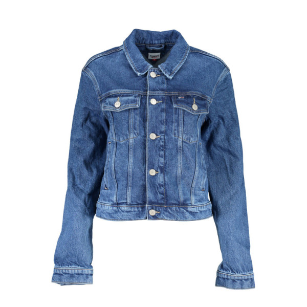 Tommy Hilfiger giacca donna in denim blu con effetto slavato, tasche, bottoni, ricamo e logo iconico