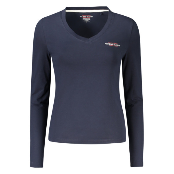 Guess Jeans T-shirt Donna Blu Maniche Lunghe Slim Fit con Scollo a "V", Stampa, Logo e Cotone Organico