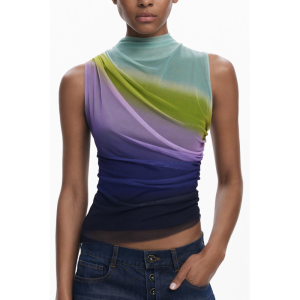 Desigual Canotta Donna Verde Multicolor Lola con Lupetto, Dettagli a Contrasto e Logo