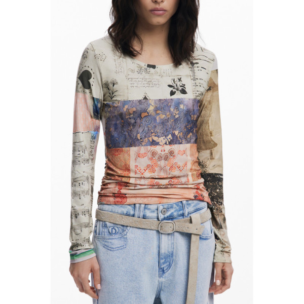 Desigual T-shirt Donna Beige Maniche Lunghe Limbani con Scollo Ampio e Logo
