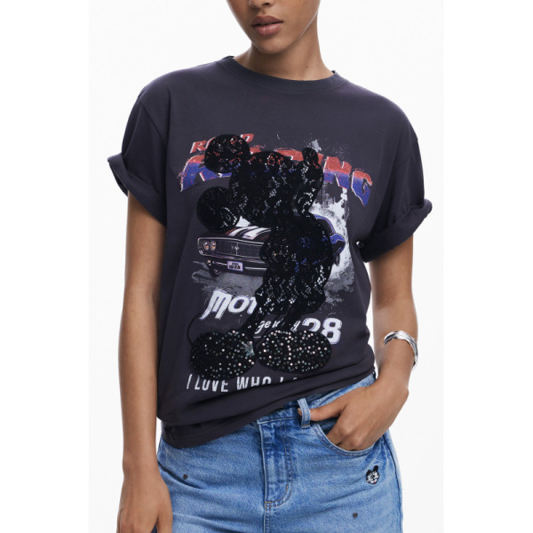 Desigual T-shirt Donna Nero Maniche Corte Mickey Lace con Girocollo, Paillettes, Pizzo e Logo