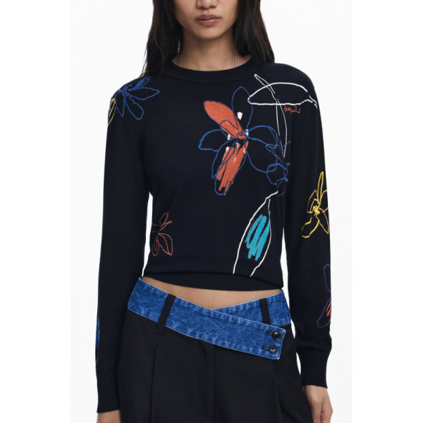Desigual Maglia Donna Nero Maniche Lunghe Jers Arty con Girocollo e Logo