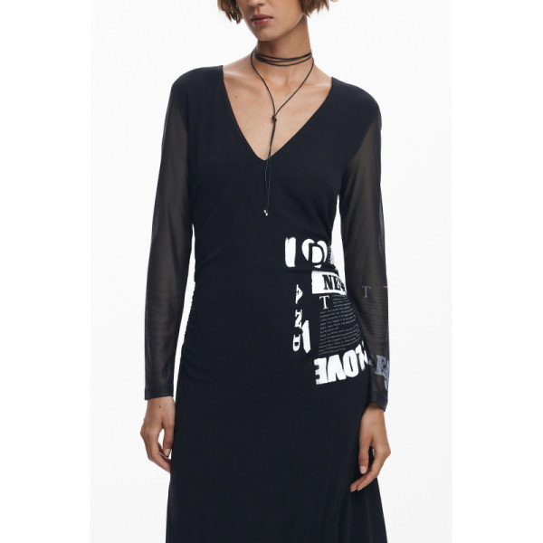 Desigual Abito Lungo Donna Nero Maniche Lunghe Posinew Scollo a V con Cerniera e Dettagli a Contrasto