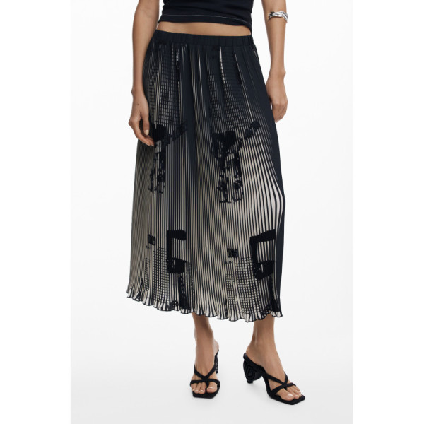 Desigual Gonna Lunga Donna Nera Newspapers Plissettata con Elastico in Vita e Dettagli a Contrasto