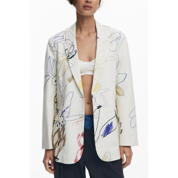 Desigual Giacca Classica Donna Bianco Elegante - Blazer Logo Dettagli Contrasto Casual Chic Fashion Ufficio Cerimonie Stile