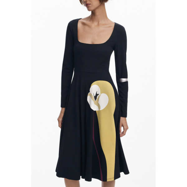 Desigual Abito Lungo Donna Nero Lirio Maniche Lunghe Scollo Ampio - Vestito Maxi Stampa Logo Elegante Bohémien Casual Fashion