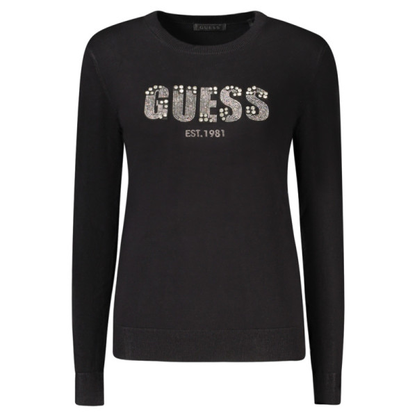 Guess Jeans Maglia Donna Nero Maniche Lunghe Girocollo Ricamo - Maglietta Strass Applicazioni Logo Glamour Elegante Fashion