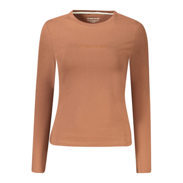 Guess Jeans T-Shirt Maniche Lunghe Donna Marrone Girocollo Ricamo - Maglia Logo Organic Cotton Casual Elegante Fashion Premium