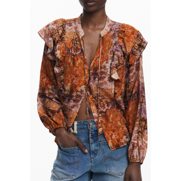 Desigual Camicia Donna Arancio Maniche Lunghe Scollo V Bottoni - Blusa Dettagli Contrasto Logo Casual Elegante Fashion Colorata