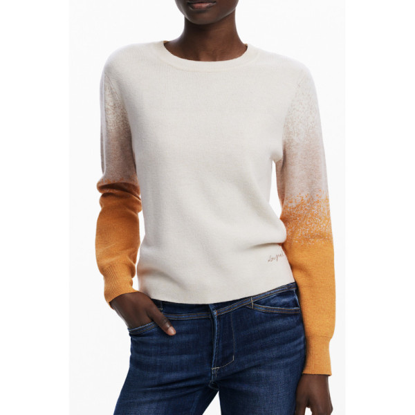 Desigual Maglia Donna Beige Maniche Lunghe Girocollo Ricamo - Maglietta Dettagli Contrasto Logo Elegante Casual Comfort Fashion