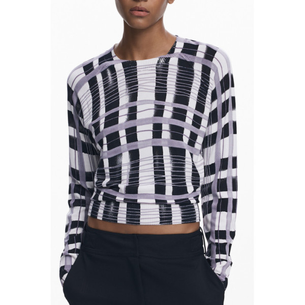 Desigual Maglia Donna Bianco Maniche Lunghe Girocollo - Maglietta Dettagli Contrasto Logo Casual Comfort Autunno Primavera