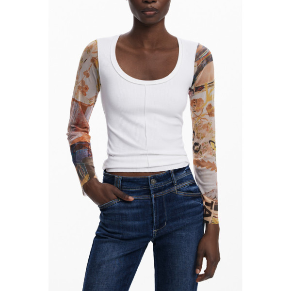 Desigual Maglia Donna Bianco Maniche Lunghe Scollo Ampio - Maglietta Dettagli Contrasto Logo Casual Elegante Comfort Fashion