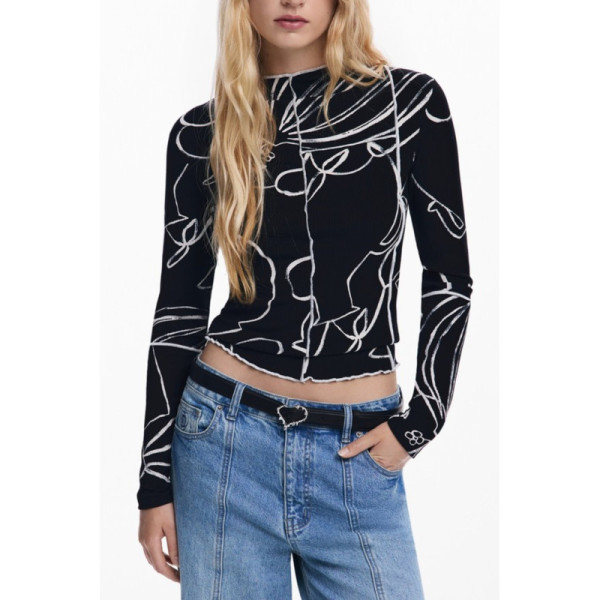 Desigual T-Shirt Maniche Lunghe Donna Girocollo Contrasto - Maglia Logo Casual Comfort Autunno Primavera Fashion Originale