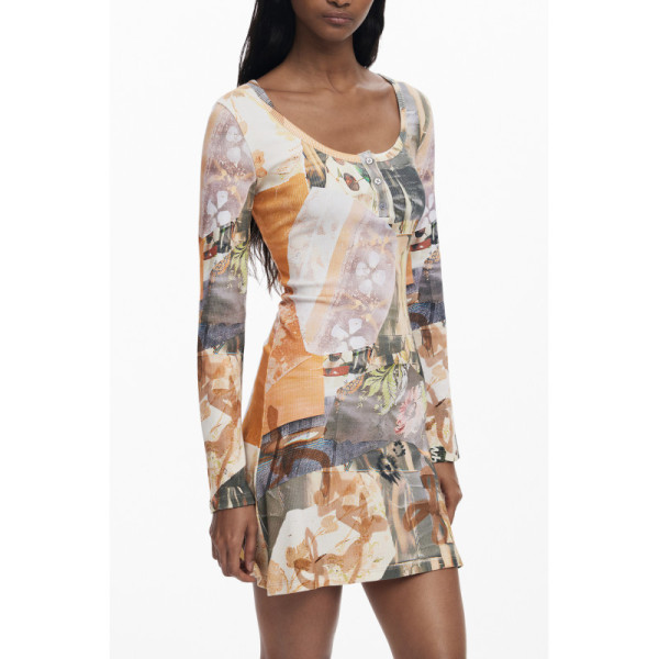 Desigual Abito Corto Donna Beige Casual Elegante - Vestito Logo Dettagli Contrasto Fashion Originale Stile Unico Femminile