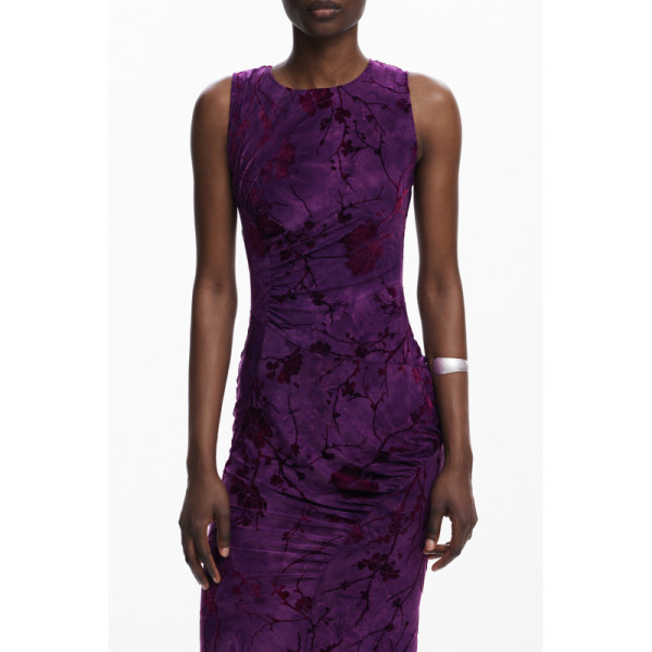 Desigual Abito Lungo Donna Viola Senza Maniche Girocollo - Vestito Maxi Cerniera Schiena Dettagli Contrasto Logo Elegante