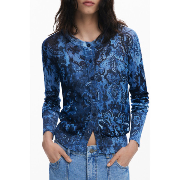 Desigual Cardigan Donna Blu Maniche Lunghe Logo - Maglione Aperto Dettagli Contrasto Casual Elegante Autunno Inverno Comfort