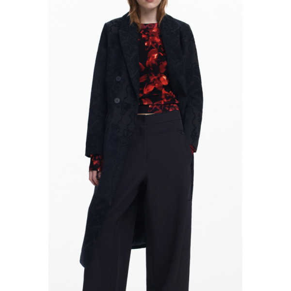 Desigual Cappotto Donna Nero Lungo Maniche Lunghe 2 Tasche - Giaccone 2 Bottoni Dettagli Contrasto Logo Elegante Inverno