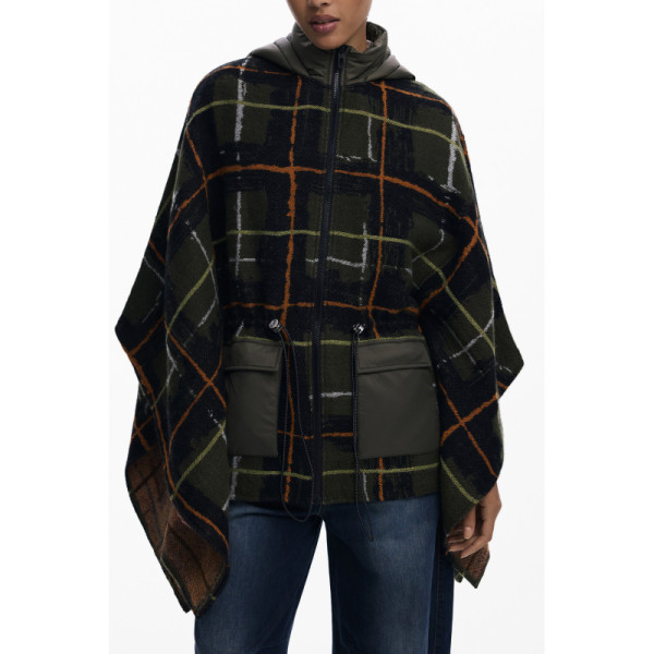 Desigual Poncho Donna Verde Cappuccio Checks Khaki Aldama - Mantella 2 Tasconi Zip Coulisse Contrasto Logo Autunno Inverno