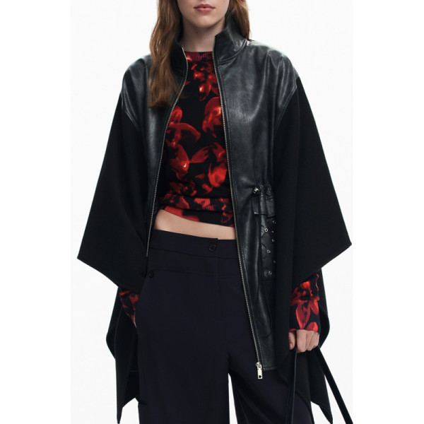 Desigual Poncho Donna Nero Eyelets Aldama 2 Tasconi Zip - Mantella Coulisse Dettagli Contrasto Logo Autunno Inverno Casual