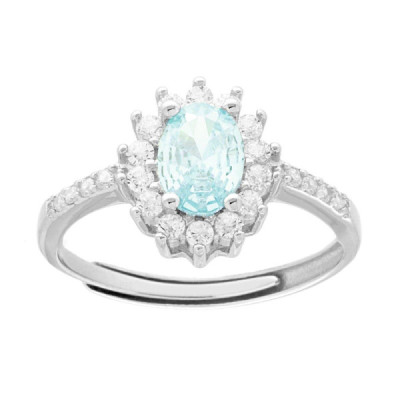 Anello Halo Solitario con Zircone Ovale colore Acquamarina e Zirconi Bianchi in ARGENTO 925 Galvanica Rodio