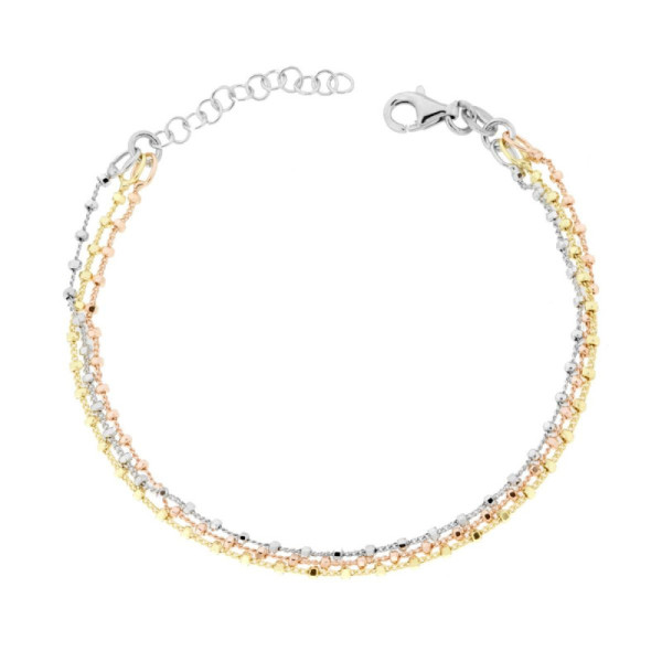 Bracciale tre fili Catena Grumetta con Cilindretti Diamantati in ARGENTO 925 Galvanica Rodio Oro e Rosa