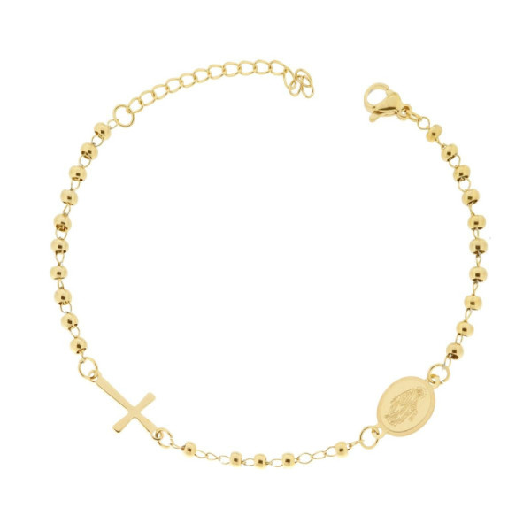 Bracciale Rosario cm 18+5 con Grani Pallina Liscia mm 3 con Croce e Medaglia Madonna in ACCIAIO colore Oro