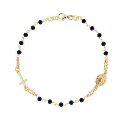 Bracciale Rosario cm 18+2 con Grani in Crystal colore Blu mm 3.5 con Croce e Medaglia Madonna in ARGENTO 925 Galvanica Oro