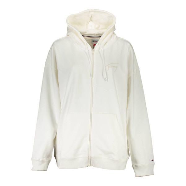Felpa donna bianca Tommy Hilfiger con cappuccio, zip centrale, tasche e ricamo logo, in tessuto 100% riciclato