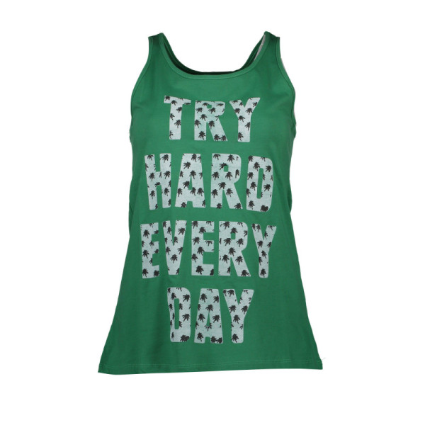 Canotta donna verde Silvian Heach stile americana con stampa "Try Hard Every Day" e scollo tondo sportivo