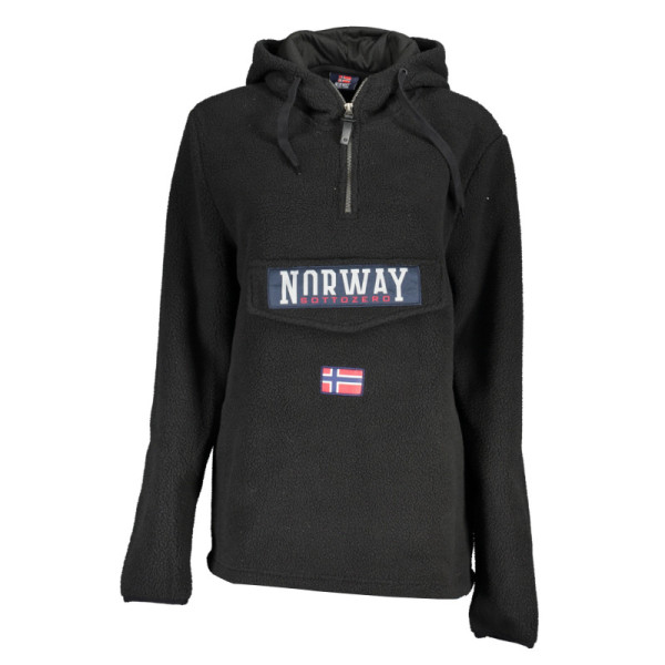 Norway 1963 Felpa Donna Nero con Cappuccio e Mezza Zip - Tascone Centrale con Zip e Velcro - Applicazione Logo Stile Scandinavo