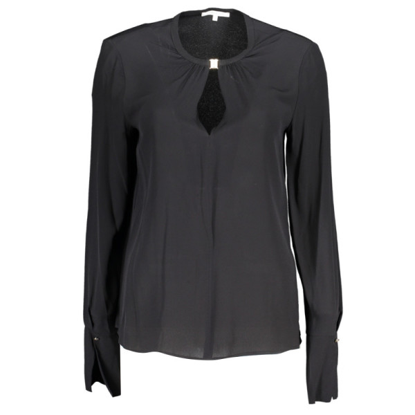 Patrizia Pepe Camicia Donna Manica Lunga Nero - Blusa Girocollo con Dettagli a Contrasto e Logo - Elegante Made in Italy