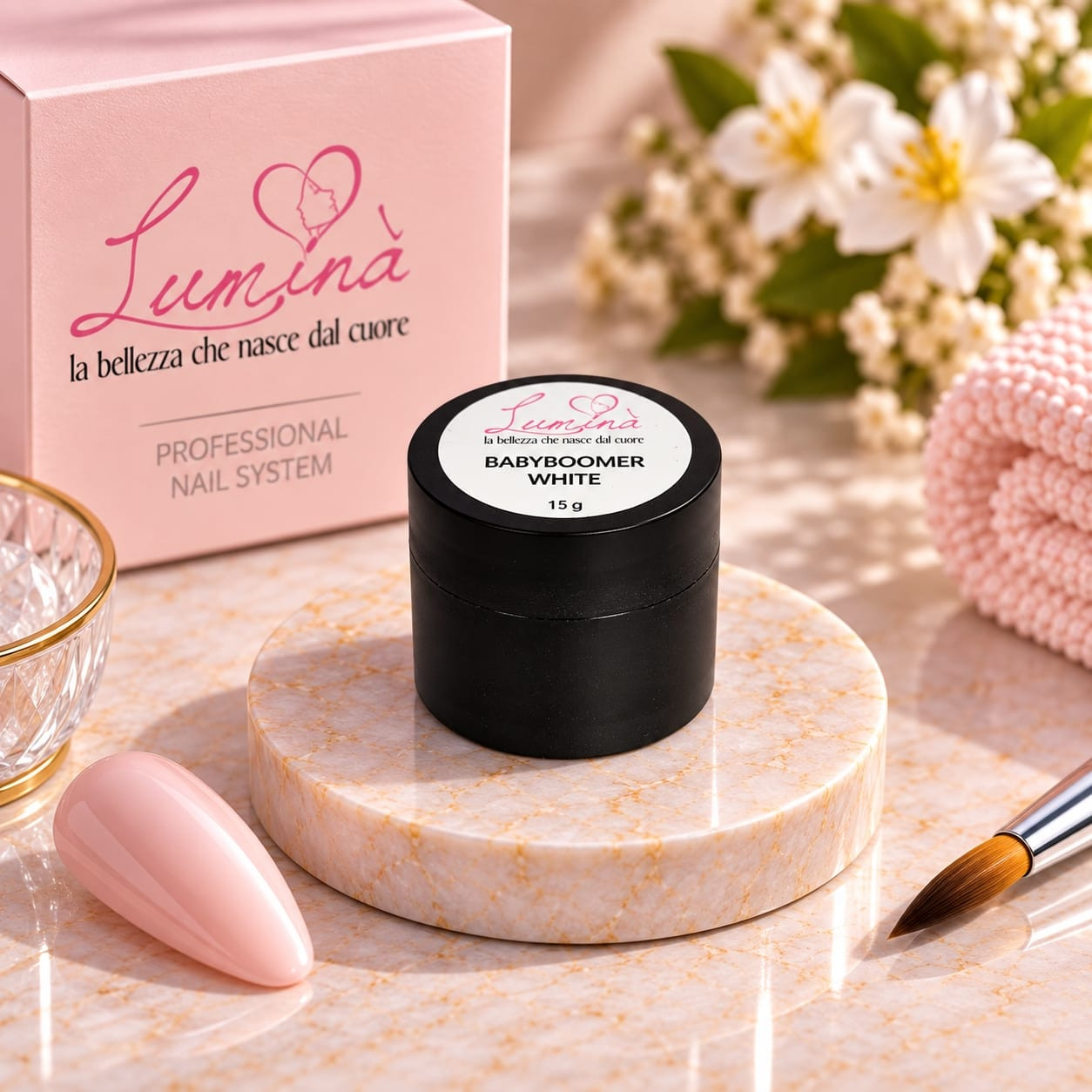 Gel costruttore Babyboomer White Lumina su base in marmo